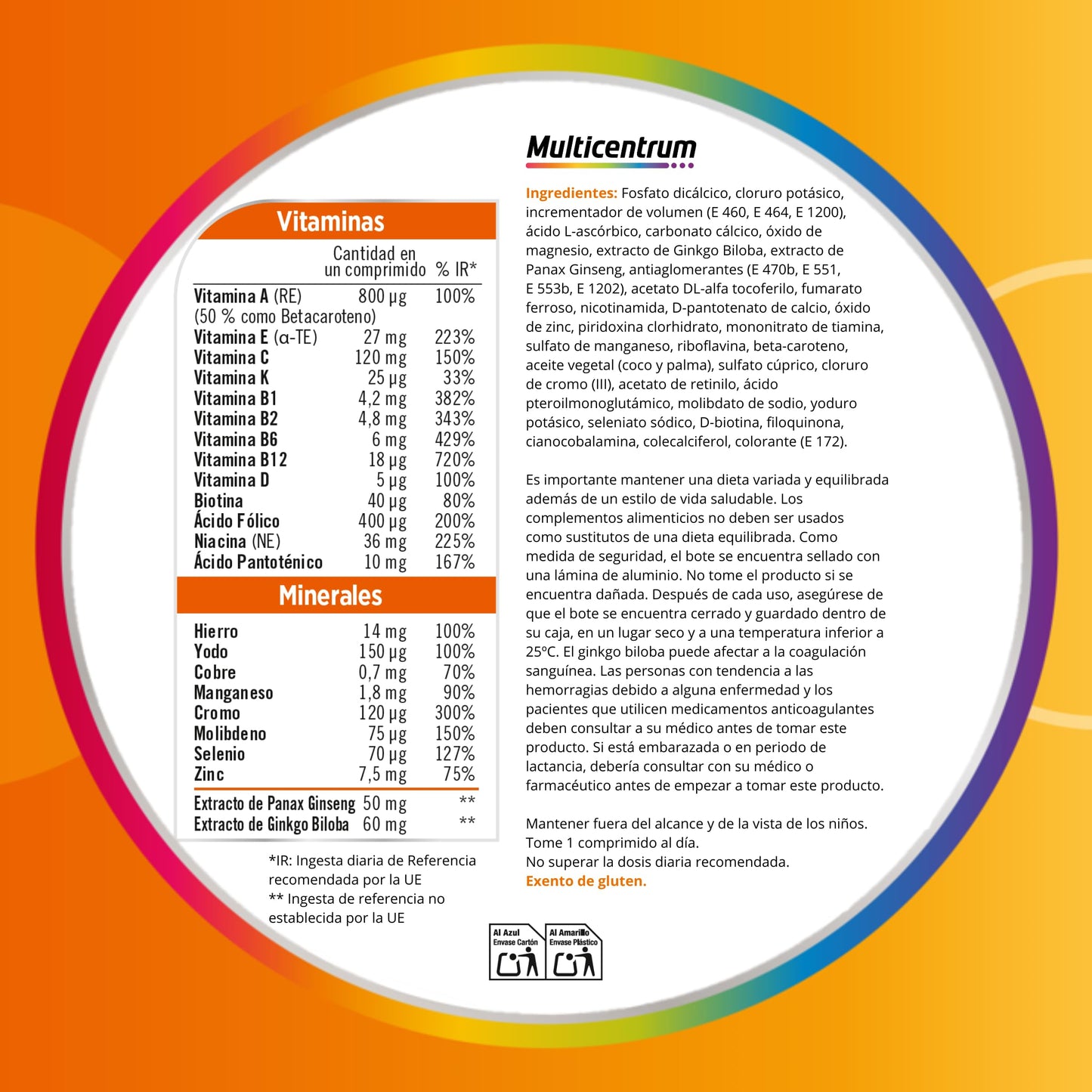 Multicentrum Plus Complemento Alimenticio Multivitamínico y Multimineral Con Ginseng y Ginkgo Biloba Para Adultos, Sin Gluten, 30 Comprimidos