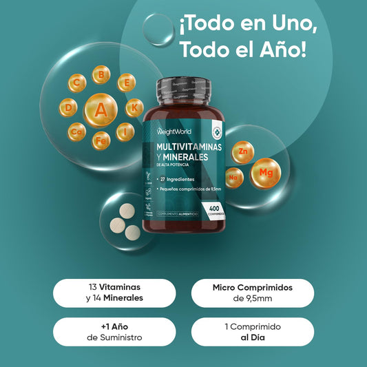 Multivitaminas y Minerales, 400 Comprimidos Veganos, 27 Vitaminas y Minerales - Vitamina C, Vitamina B, D, E, Magnesio, Zinc, Calcio, Hierro y Más, Para +1 de Año, Sabor Menta
