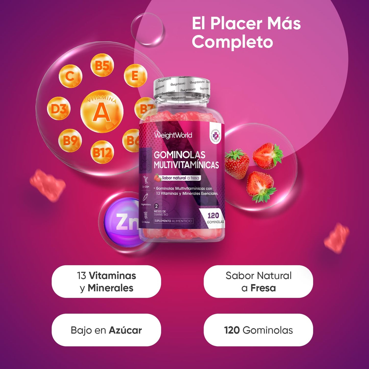 Gominolas Multivitaminas y Minerales 120 Gomitas Sabor Fresa - Con 13 Vitaminas y Minerales Esenciales como Vitamina D3, A, C, B6, B12, E, Biotina, Zinc y Ácido Fólico y Más para 2 Meses