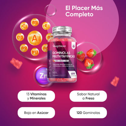 Gominolas Multivitaminas y Minerales 120 Gomitas Sabor Fresa - Con 13 Vitaminas y Minerales Esenciales como Vitamina D3, A, C, B6, B12, E, Biotina, Zinc y Ácido Fólico y Más para 2 Meses