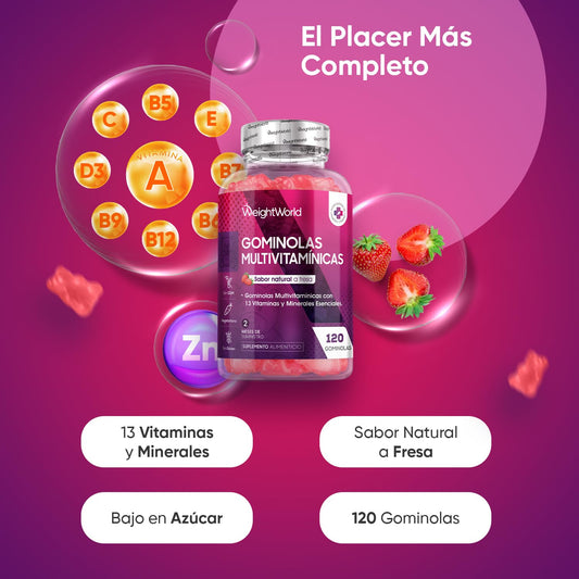 Gominolas Multivitaminas y Minerales 120 Gomitas Sabor Fresa - Con 13 Vitaminas y Minerales Esenciales como Vitamina D3, A, C, B6, B12, E, Biotina, Zinc y Ácido Fólico y Más para 2 Meses