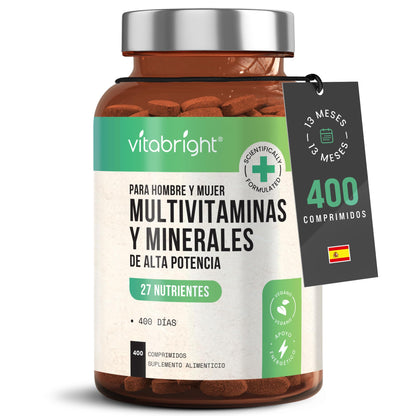 Multivitaminas Hombre y Mujer | 400 Tabletas | 27 Vitaminas y Minerales para el Cansancio - Multivitaminico Energizante | Vitaminas Mujer 60 Años Y Jovenes | Suplementos Vitaminicos VitaBright