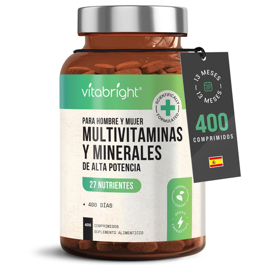 Multivitaminas Hombre y Mujer | 400 Tabletas | 27 Vitaminas y Minerales para el Cansancio - Multivitaminico Energizante | Vitaminas Mujer 60 Años Y Jovenes | Suplementos Vitaminicos VitaBright