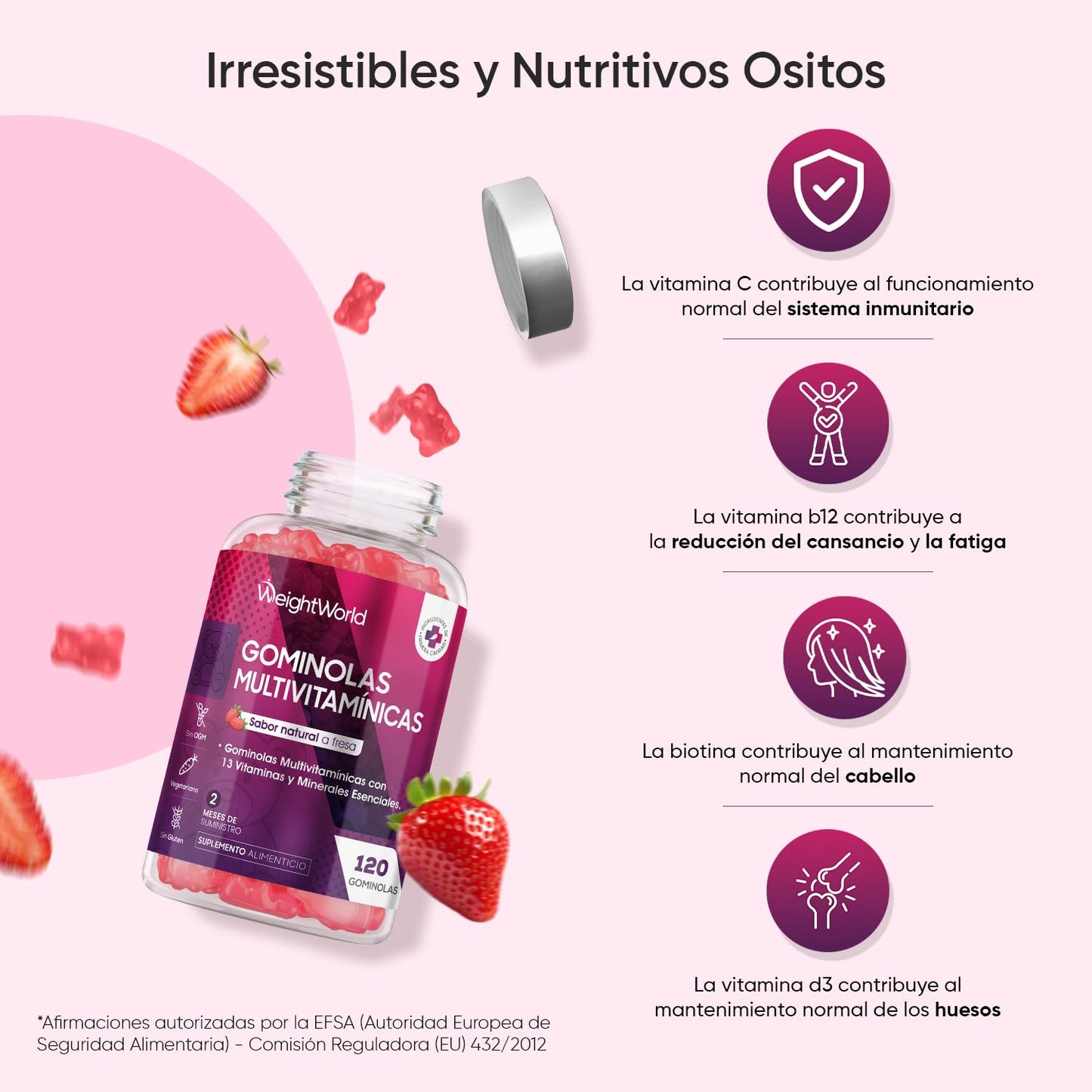 Gominolas Multivitaminas y Minerales 120 Gomitas Sabor Fresa - Con 13 Vitaminas y Minerales Esenciales como Vitamina D3, A, C, B6, B12, E, Biotina, Zinc y Ácido Fólico y Más para 2 Meses