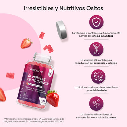 Gominolas Multivitaminas y Minerales 120 Gomitas Sabor Fresa - Con 13 Vitaminas y Minerales Esenciales como Vitamina D3, A, C, B6, B12, E, Biotina, Zinc y Ácido Fólico y Más para 2 Meses