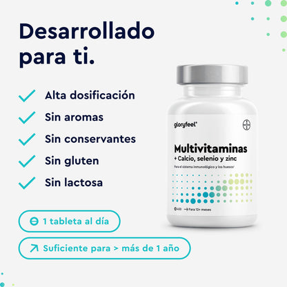 Multivitaminas y Minerales - 450 Comprimidos (Suministro para +1 año) - Todas las Vitaminas A,B,C,D3,E, Calcio, Zinc, Selenio – Multivitaminico Activo Completo para Hombre y Mujer