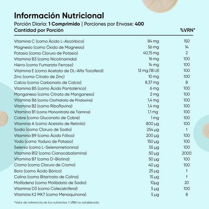 Multivitaminas y Minerales, 400 Comprimidos Veganos, 27 Vitaminas y Minerales - Vitamina C, Vitamina B, D, E, Magnesio, Zinc, Calcio, Hierro y Más, Para +1 de Año, Sabor Menta