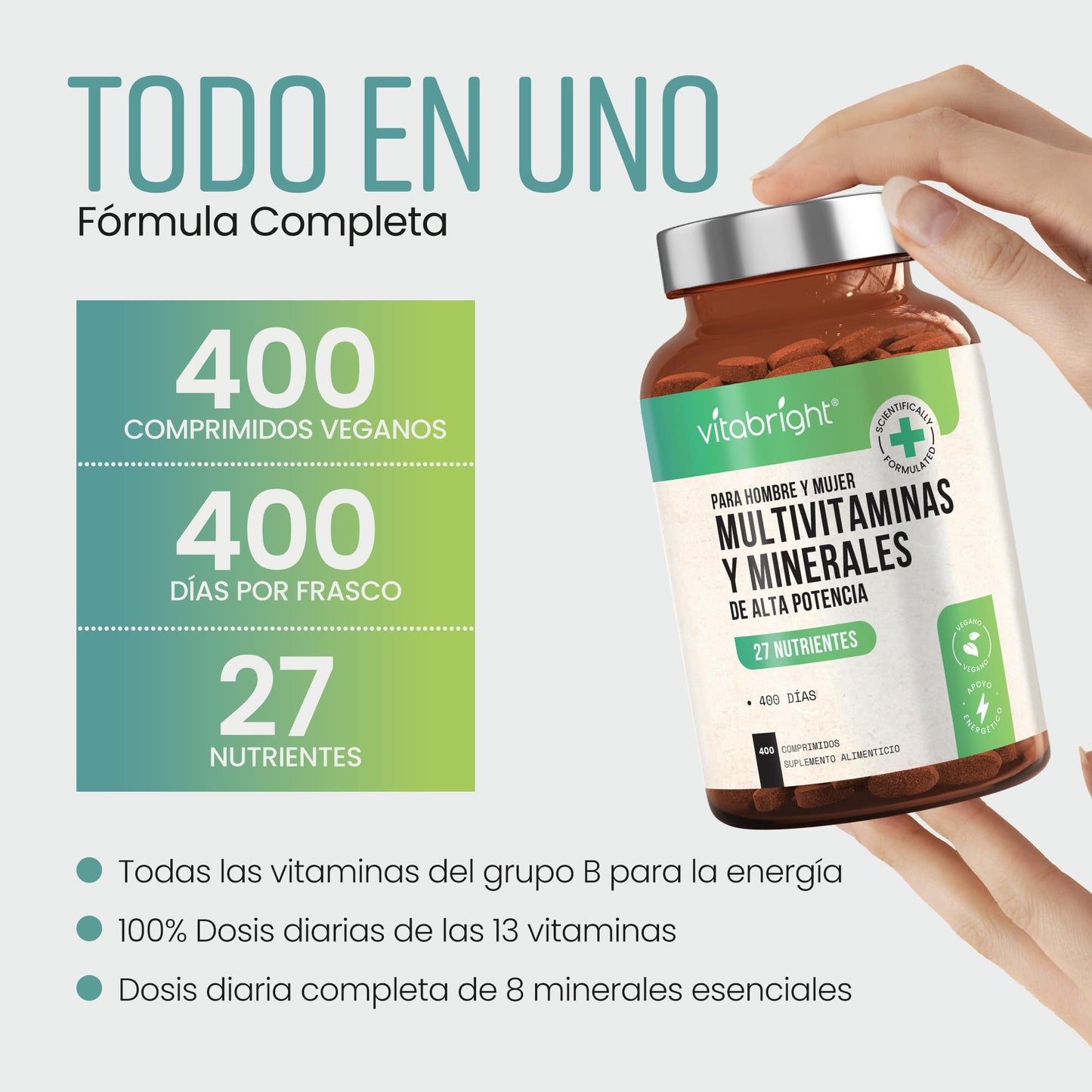 Multivitaminas Hombre y Mujer | 400 Tabletas | 27 Vitaminas y Minerales para el Cansancio - Multivitaminico Energizante | Vitaminas Mujer 60 Años Y Jovenes | Suplementos Vitaminicos VitaBright