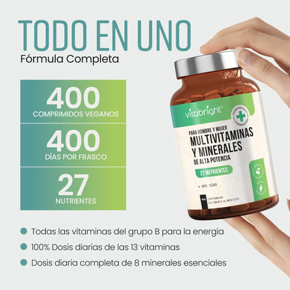 Multivitaminas Hombre y Mujer | 400 Tabletas | 27 Vitaminas y Minerales para el Cansancio - Multivitaminico Energizante | Vitaminas Mujer 60 Años Y Jovenes | Suplementos Vitaminicos VitaBright