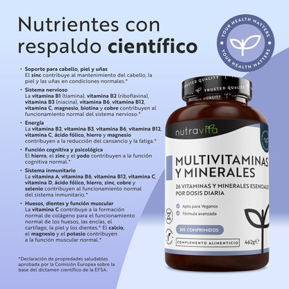 Nutravita Multivitaminas y Minerales- 365 Comprimidos Veganos - Complejo Vitamínico de 26 Activos Esenciales Vitamina C, D3, A, B, E y Minerales Yodo, Selenio, Calcio, Hierro, Zinc - Multivitamínico