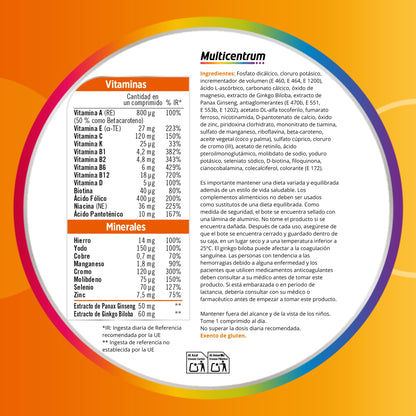 Multicentrum Plus Complemento Alimenticio Multivitamínico y Multimineral Con Ginseng y Ginkgo Biloba Para Adultos, Sin Gluten, 30 Comprimidos