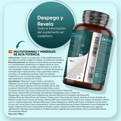 Multivitaminas y Minerales, 400 Comprimidos Veganos, 27 Vitaminas y Minerales - Vitamina C, Vitamina B, D, E, Magnesio, Zinc, Calcio, Hierro y Más, Para +1 de Año, Sabor Menta