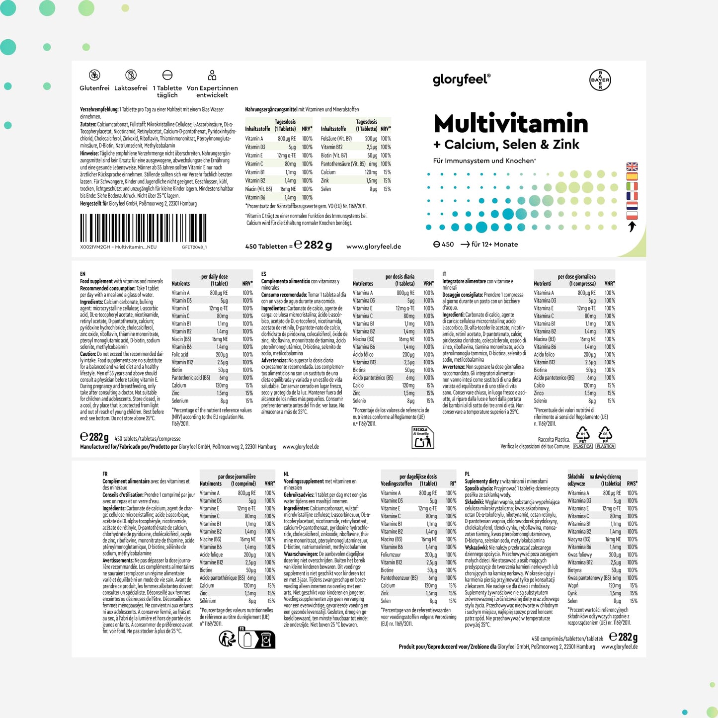 Multivitaminas y Minerales - 450 Comprimidos (Suministro para +1 año) - Todas las Vitaminas A,B,C,D3,E, Calcio, Zinc, Selenio – Multivitaminico Activo Completo para Hombre y Mujer